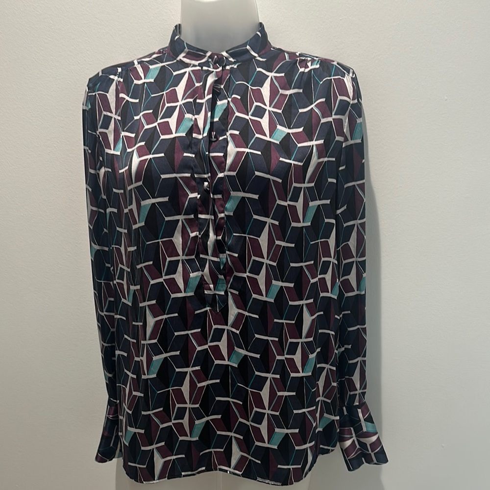 Multicolor Long Sleeve Blouse with Mandarin Collar